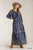 Paisley Print Smocked Ruffle Cuff Sleeve Elastic Waist Maxi Dress With Front String Tie