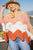 Round Neck Long Batwing Sleeve Scalloped Edge Color Block Sweater