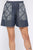 Denim And Print Pockets Elastic Waist Shorts With Raw Hem