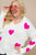 Neon Fuchsia Heart Print Distressed V Neck Long Sleeve Sweater