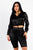 Black Satin Lace Details Long Sleeve Hooded Crop Top & Biker Short Set