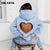 CM.YAYA Fashion Women Diamonds Splicing Sweet Love Cutout Open Back Long Sleeve Thick Warm Oversized Pullover Hooded Sweatshirt