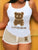 LW Lover Bear Letter Cartoon Print Shorts Set U Neck Sleeveless Tank Top&Drawstring Matching Bottoms Women Daily 2pcs Suits