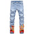 Men's Flame Print Jeans Snow Washed Light Blue Denim Pants Slim Straight Trousers White