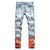 Men's Flame Print Jeans Snow Washed Light Blue Denim Pants Slim Straight Trousers White