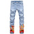 Men's Flame Print Jeans Snow Washed Light Blue Denim Pants Slim Straight Trousers White