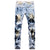 Men's Leopard Print Black Cross Patchwork Ripped Jeans Tie and Dye Slim Straight Stretch Denim Pants Trousers