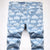 Men&#39;s Printed Jeans Patchwork Ripped Stretch Denim Slim Straight Pants Blue Sky White Cloud Painted Trousers