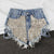 Punk Rivet denim shorts 2022 summer spring women high waist loose tassel jeans shorts black/blue/white hole shorts KZ388