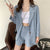 Spring Summer Thin Striped Blazer Suit Women Loose Casual Two Piece Set Office Blazer with Shorts Cotton and Linen Shorts Set| |