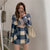 Sweet Woollen Plaid Short Blazer Suit 2021 Summer Women Single Button Blue and White Plaid Casual Office Blazer Student Clothing|Blazers|